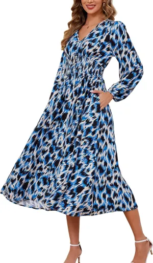 Kormei Women Casual Boho V Neck Long Sleeve Swiss Dot Smocked High Waist A Line Swing Fall Midi Long Dress