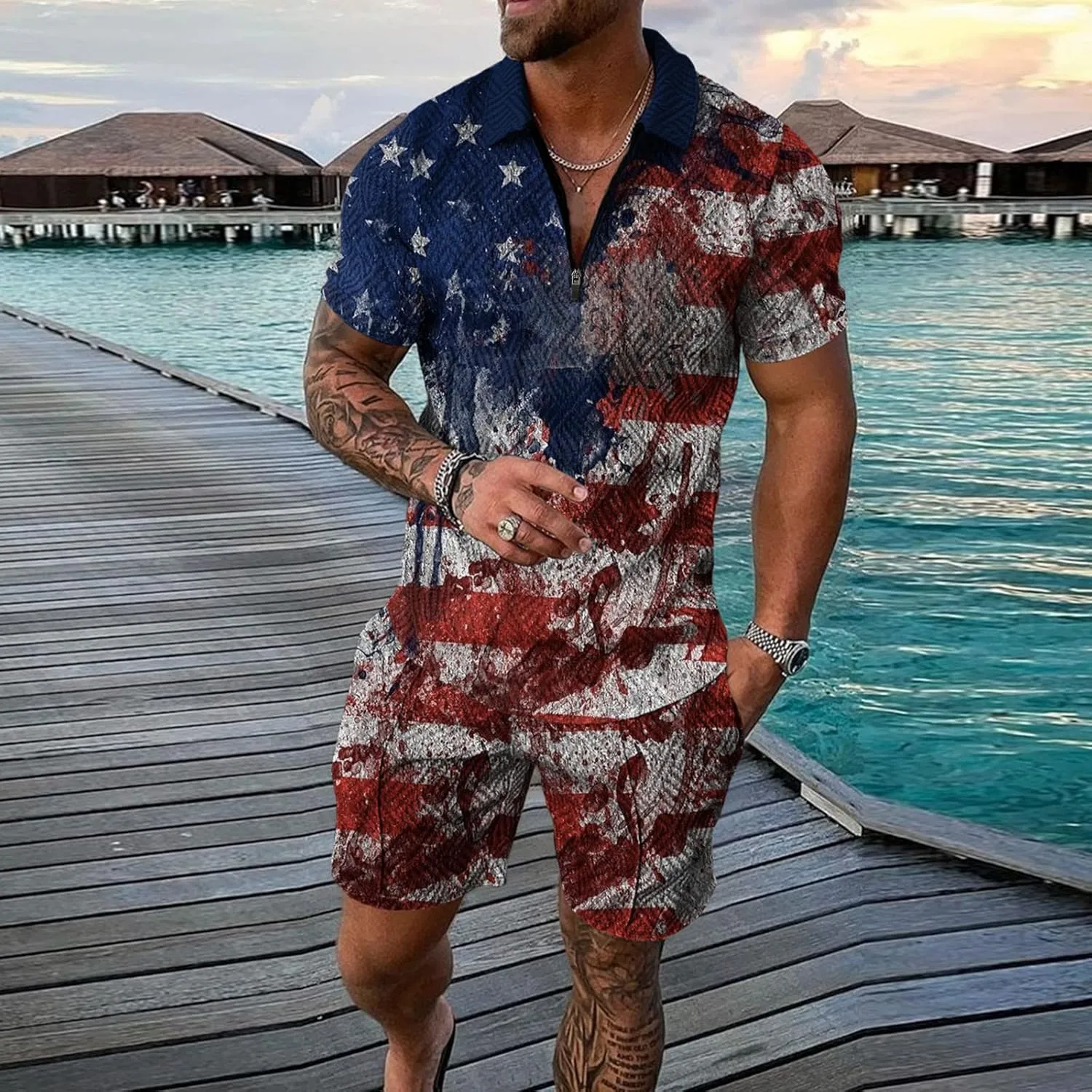 LCMTWX Polo Shirts for Men American Patriotic Flag Shirt 4th of July Patriotic Polo Shirt for Men Fashion Leisure Seaside