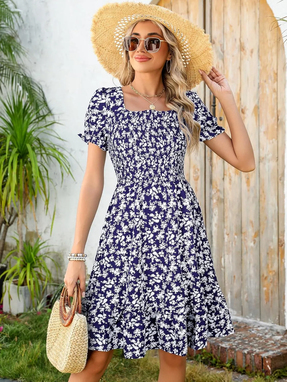 Lyrur Women's Short Sleeve Summer Dresses 2025 Spring Casual Square Neck Easter Dress A-Line Tiered Sundress with Pockets