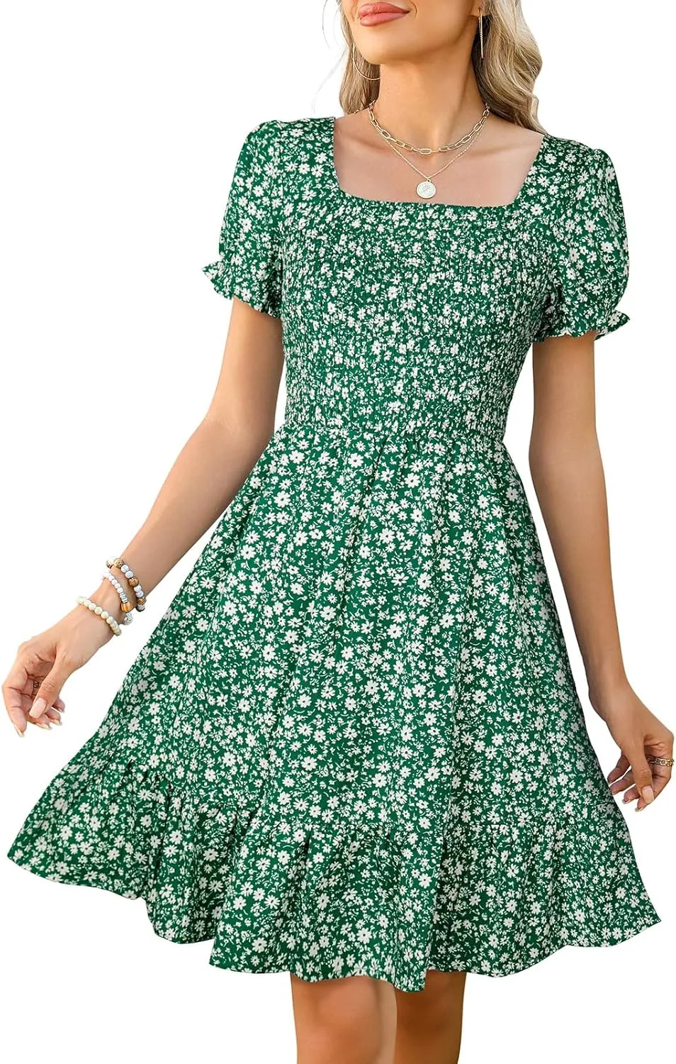 Lyrur Women's Short Sleeve Summer Dresses 2025 Spring Casual Square Neck Easter Dress A-Line Tiered Sundress with Pockets