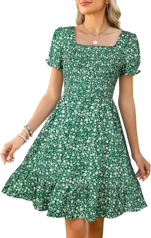 Lyrur Women's Short Sleeve Summer Dresses 2025 Spring Casual Square Neck Easter Dress A-Line Tiered Sundress with Pockets