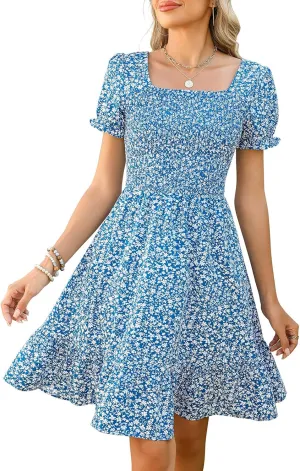 Lyrur Women's Short Sleeve Summer Dresses 2025 Spring Casual Square Neck Easter Dress A-Line Tiered Sundress with Pockets