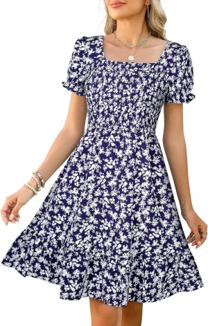 Lyrur Women's Short Sleeve Summer Dresses 2025 Spring Casual Square Neck Easter Dress A-Line Tiered Sundress with Pockets