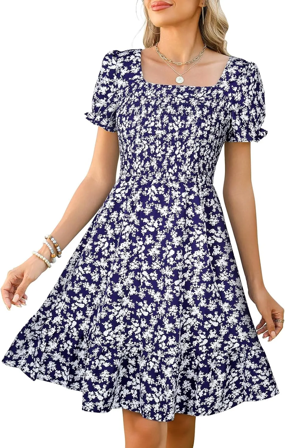 Lyrur Women's Short Sleeve Summer Dresses 2025 Spring Casual Square Neck Easter Dress A-Line Tiered Sundress with Pockets