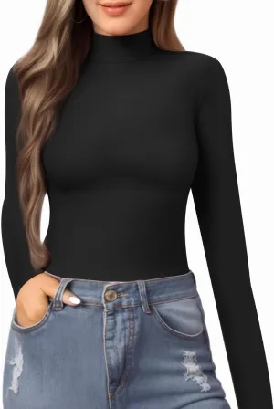 MANGOPOP Women's Mock Turtle Neck Slim Fit Half Elbow Short 3/4 Short Long Sleeve T Shirts Tight Tops Tee