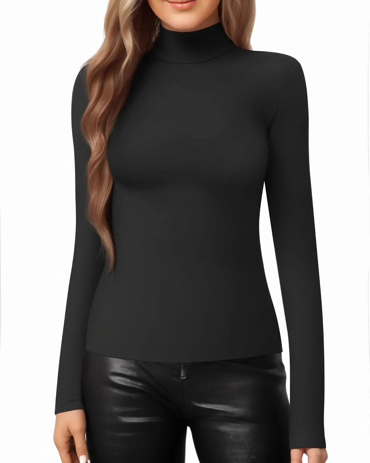 MANGOPOP Women's Mock Turtle Neck Slim Fit Half Elbow Short 3/4 Short Long Sleeve T Shirts Tight Tops Tee