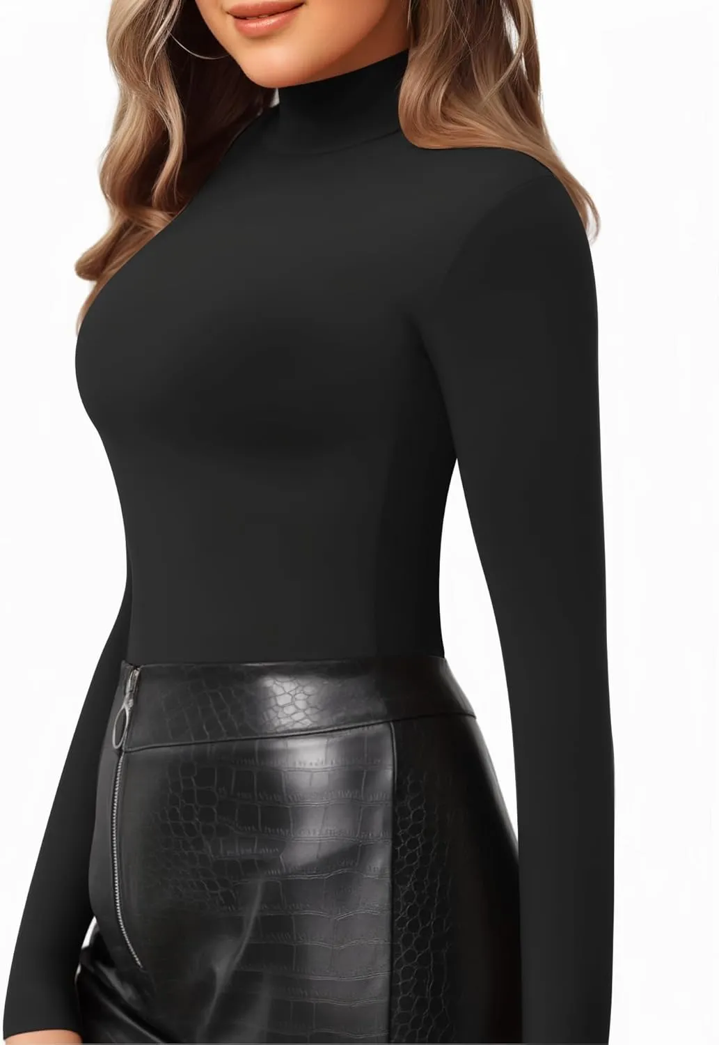 MANGOPOP Women's Mock Turtle Neck Slim Fit Half Elbow Short 3/4 Short Long Sleeve T Shirts Tight Tops Tee