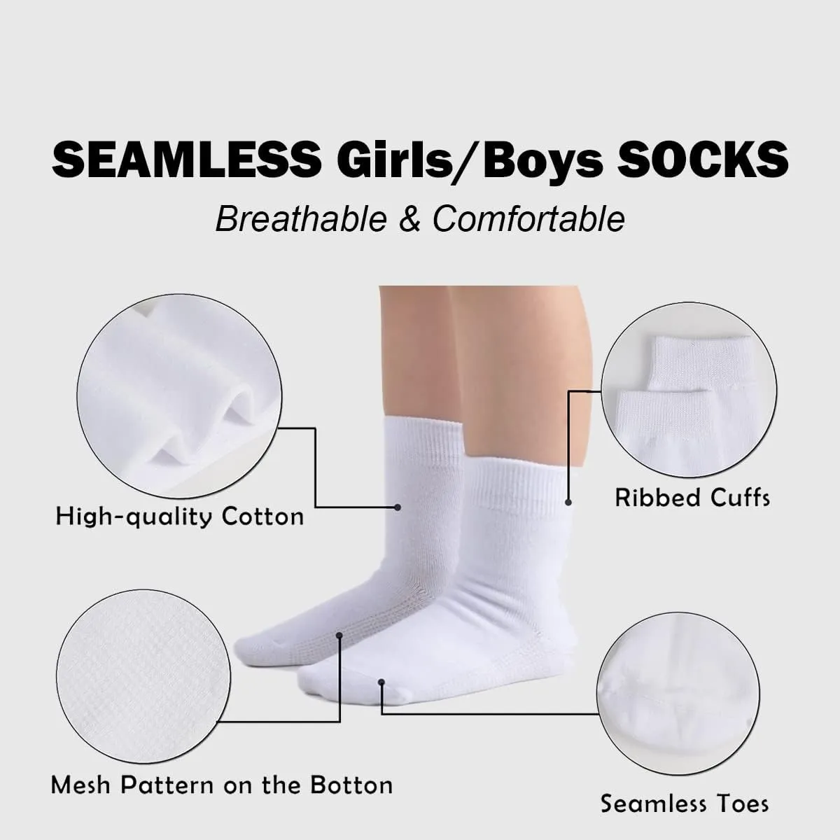 Marchare Girls Crew Socks Seamless Kids Socks Cotton School Socks White Black Grey Navy 6 Pack