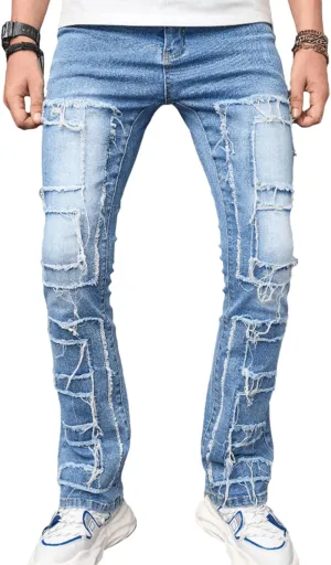 Men Stretch Fit Skinny Stacked Ripped Slim Fit Jeans Y2K Denim Pants Slim Fit Trousers Streetwear