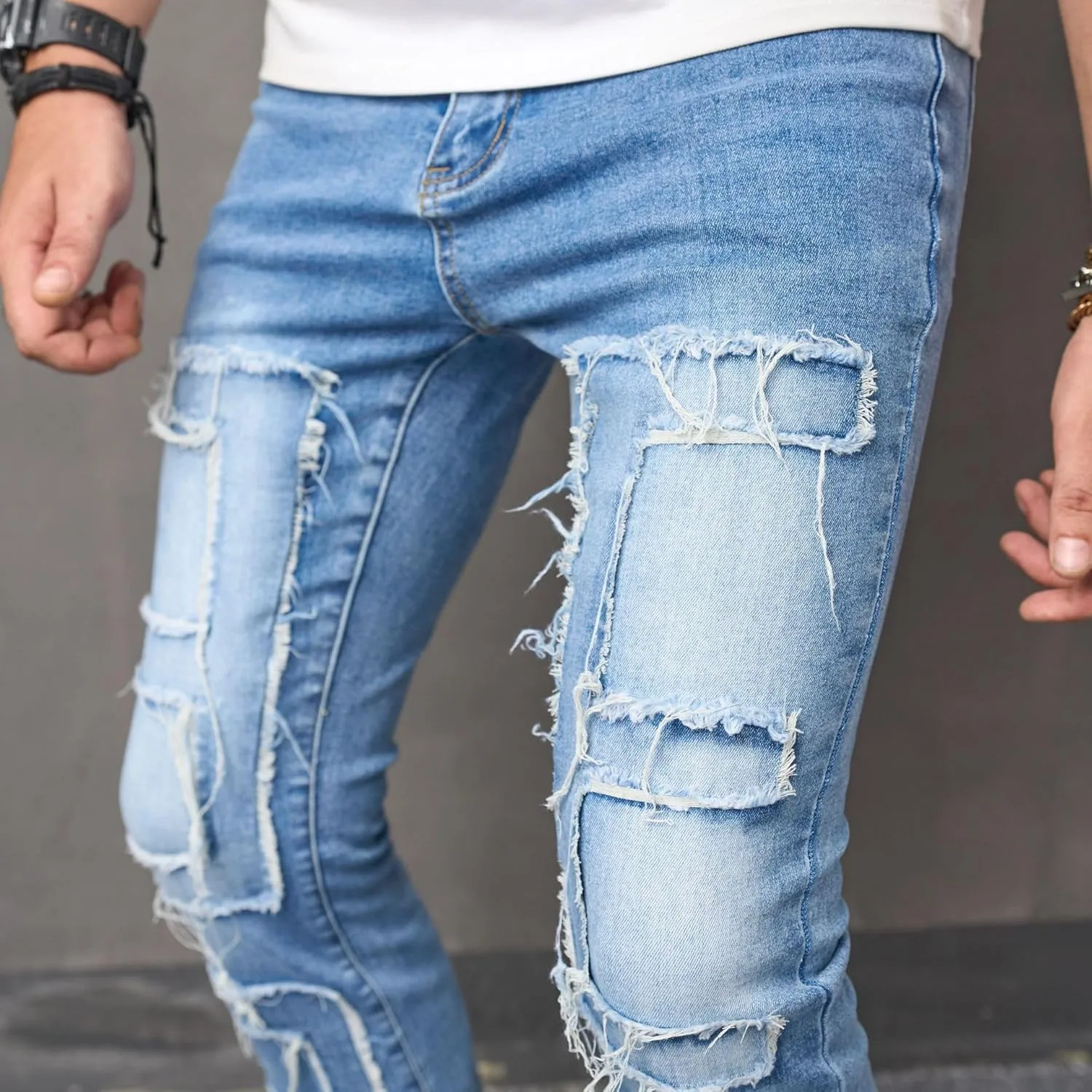 Men Stretch Fit Skinny Stacked Ripped Slim Fit Jeans Y2K Denim Pants Slim Fit Trousers Streetwear