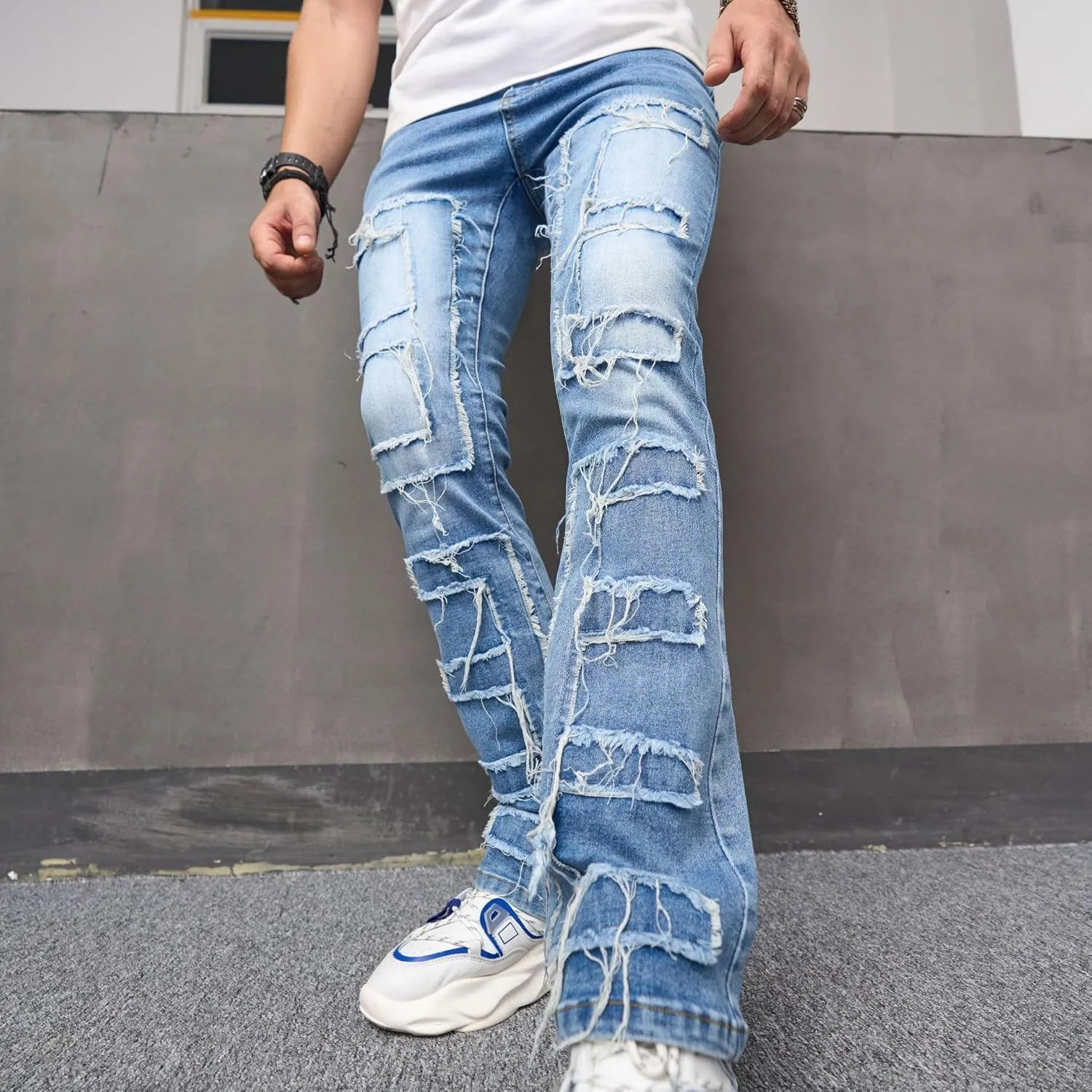Men Stretch Fit Skinny Stacked Ripped Slim Fit Jeans Y2K Denim Pants Slim Fit Trousers Streetwear