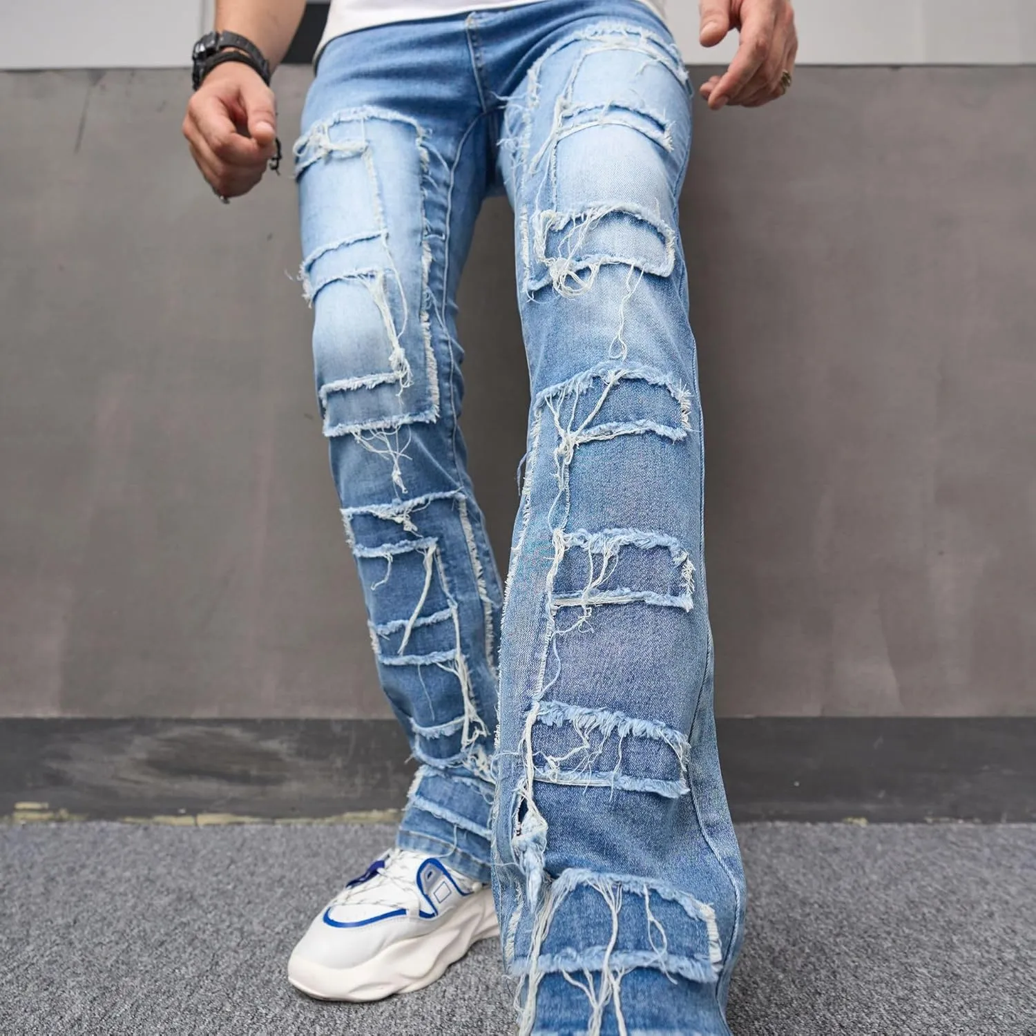 Men Stretch Fit Skinny Stacked Ripped Slim Fit Jeans Y2K Denim Pants Slim Fit Trousers Streetwear