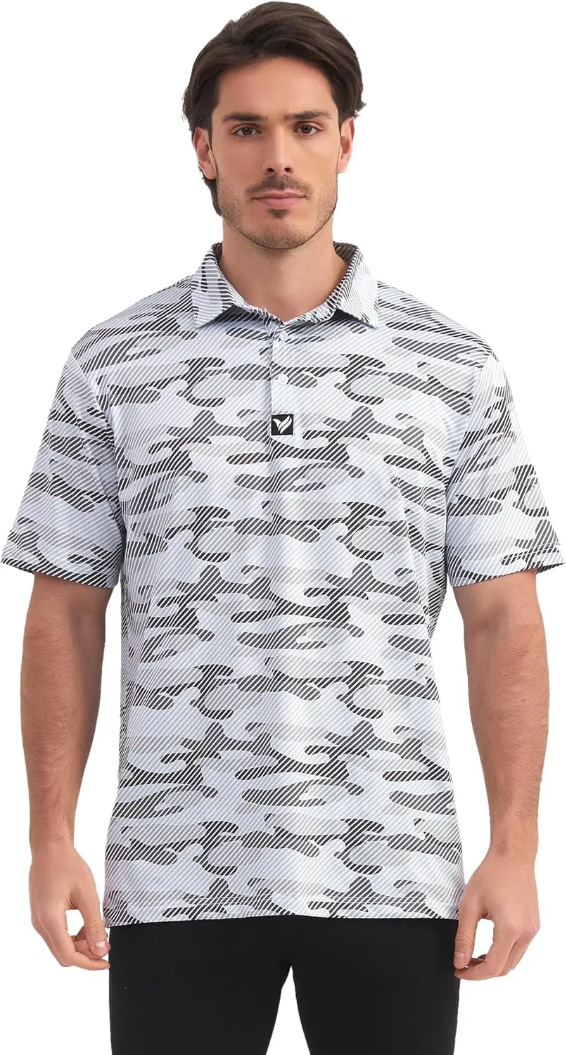 Mens Golf Polo Shirts Short Sleeve Dry Fit Performance Moisture Wicking Casual Print Collared Golf Shirts for Men