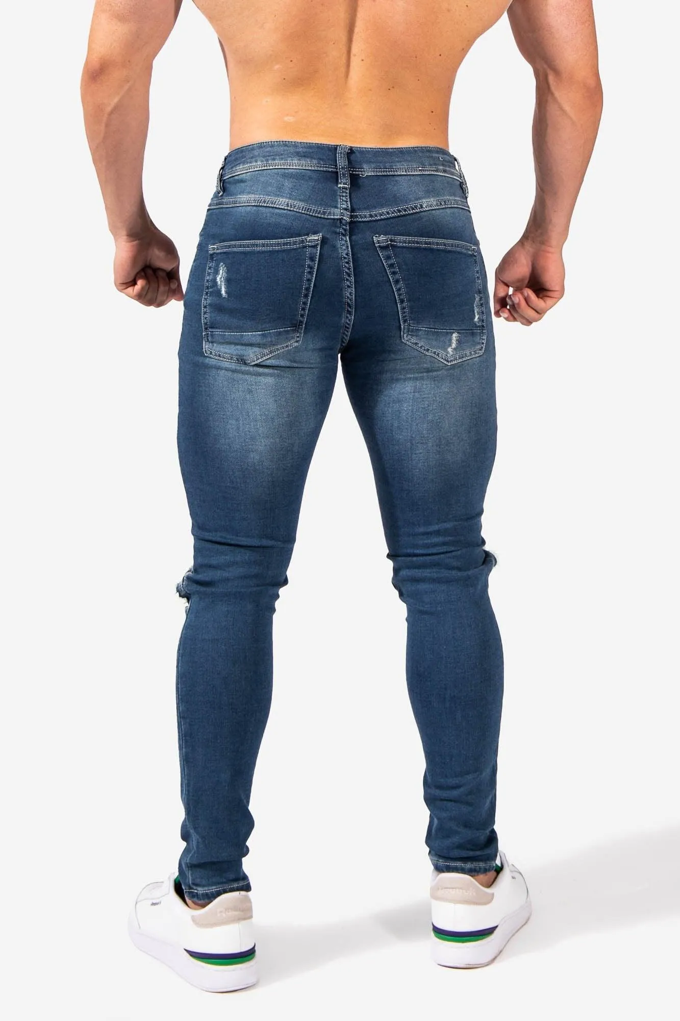 Men's Premium Fitted Stretchy Jeans - Knee Ripped Blue