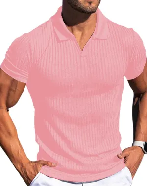 Mens V Neck Muscle Polo Shirts Slim Fit Short Sleeve Ribbed Polo T Shirt Stretch Golf Tees