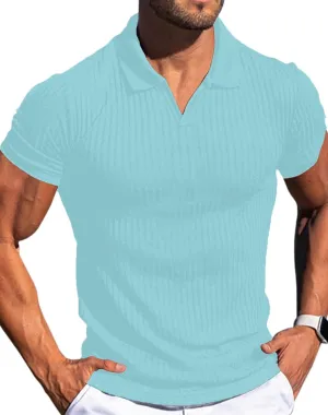 Mens V Neck Muscle Polo Shirts Slim Fit Short Sleeve Ribbed Polo T Shirt Stretch Golf Tees