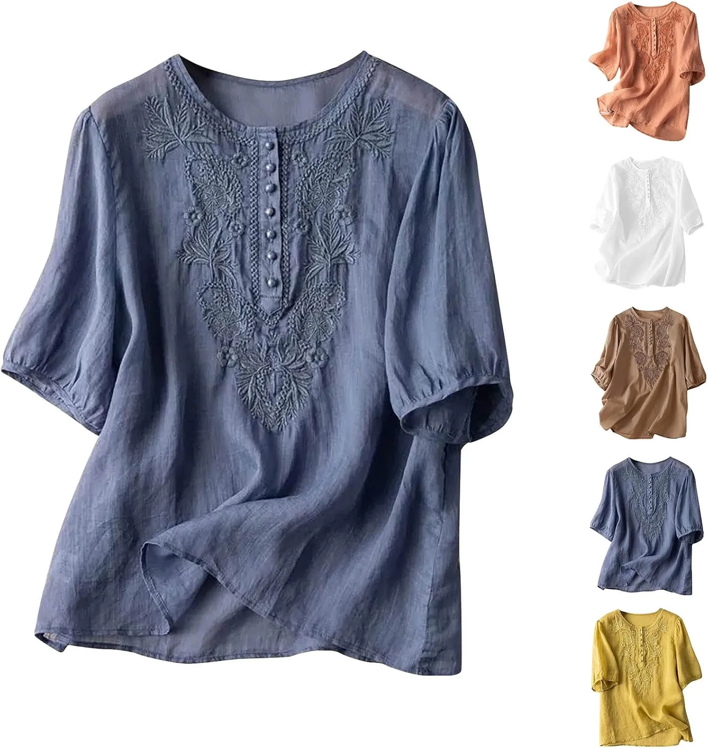 Mexican Embroidered Tops for Women Summer Cotton Linen Shirt Casual Short Sleeve Round Neck Blouse Tees