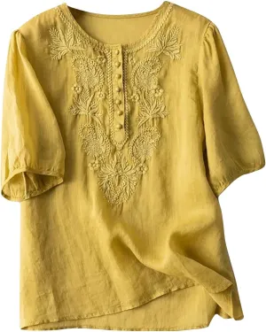 Mexican Embroidered Tops for Women Summer Cotton Linen Shirt Casual Short Sleeve Round Neck Blouse Tees