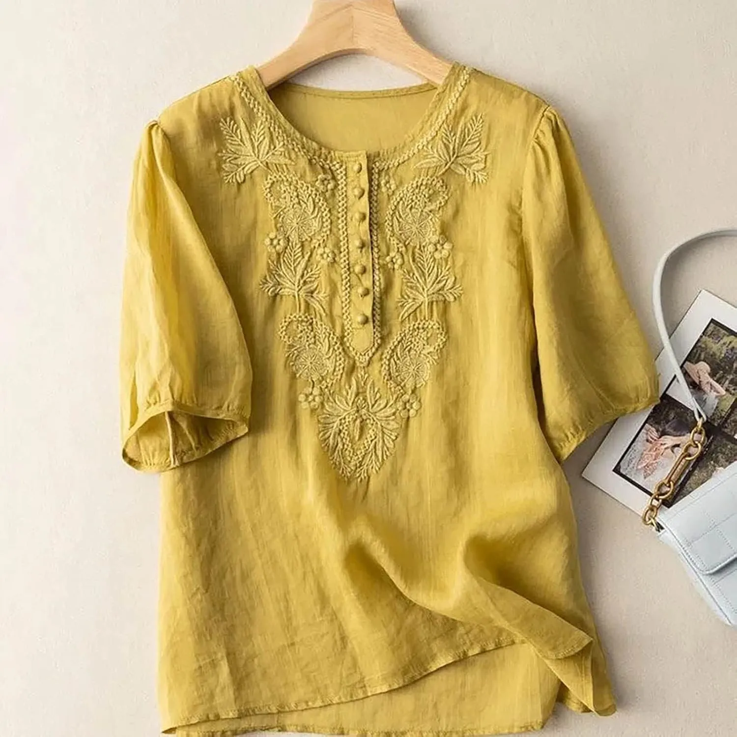 Mexican Embroidered Tops for Women Summer Cotton Linen Shirt Casual Short Sleeve Round Neck Blouse Tees