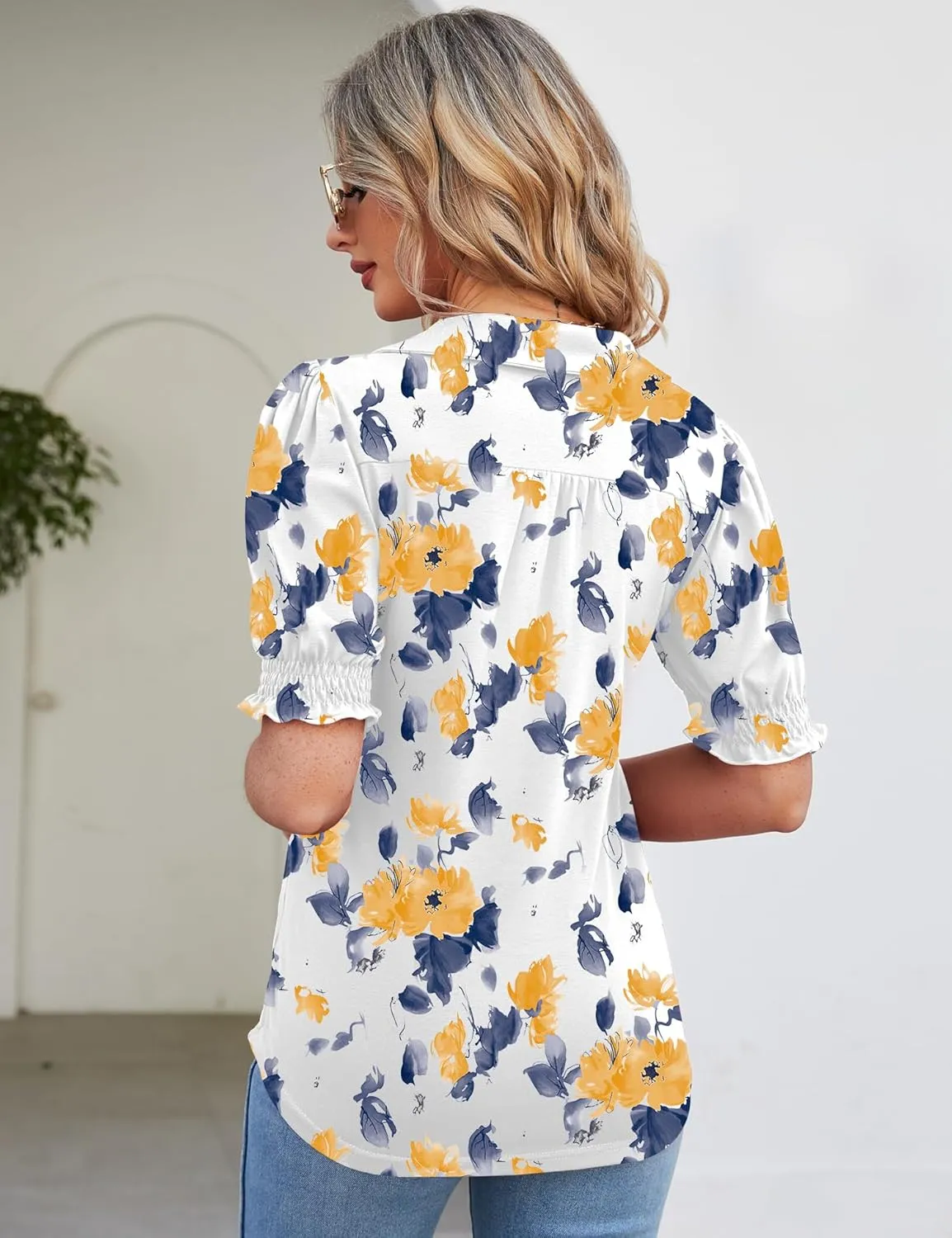 Micoson Womens Short Sleeve Polo T Shirts V Neck Casual Collared Tops Puff Sleeve Work Tunic Blouses
