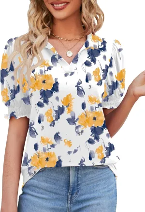 Micoson Womens Short Sleeve Polo T Shirts V Neck Casual Collared Tops Puff Sleeve Work Tunic Blouses