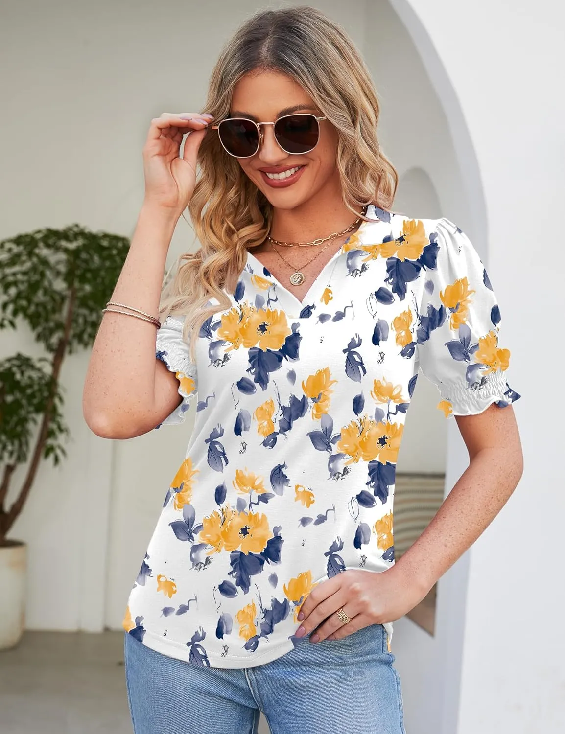 Micoson Womens Short Sleeve Polo T Shirts V Neck Casual Collared Tops Puff Sleeve Work Tunic Blouses