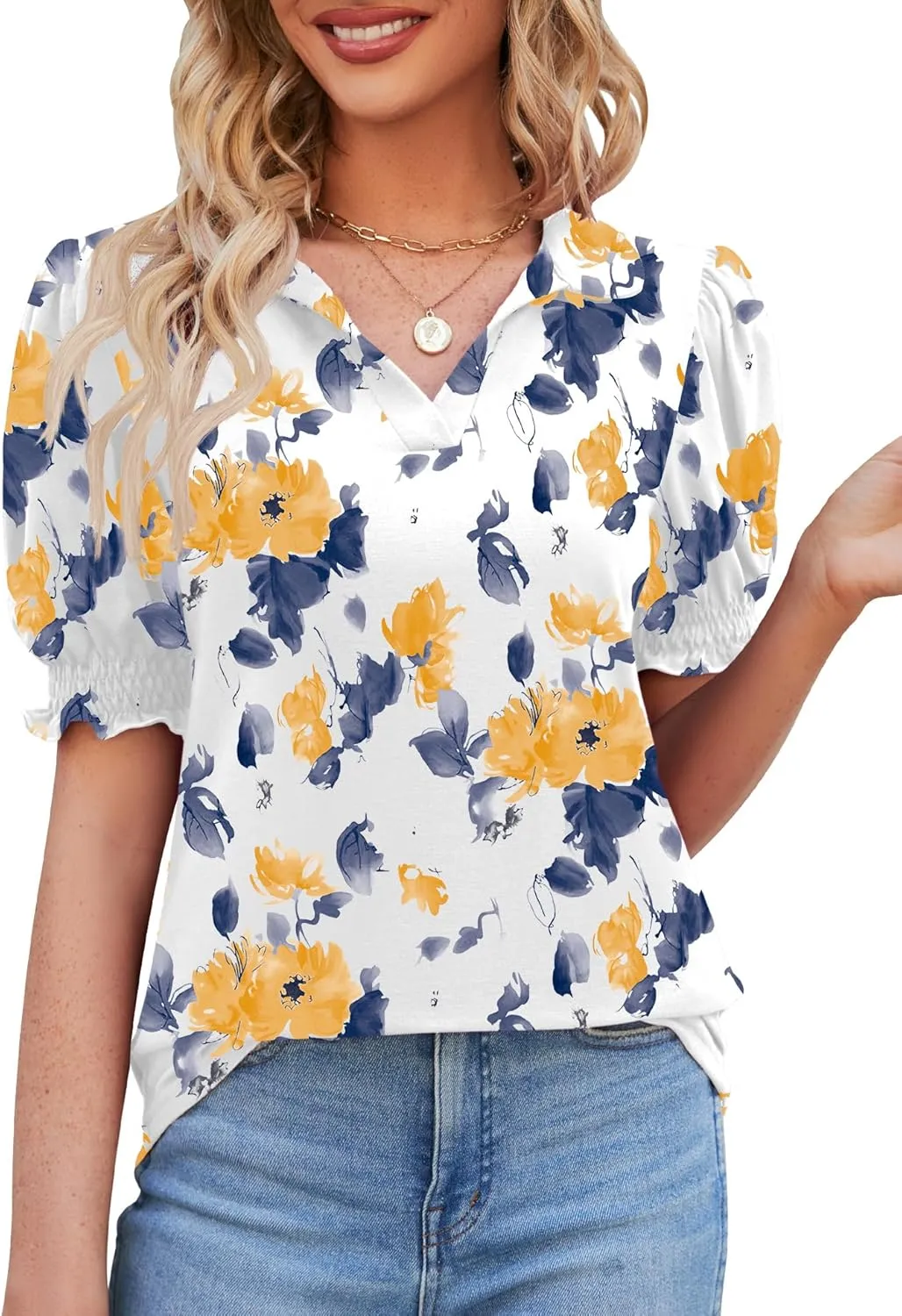 Micoson Womens Short Sleeve Polo T Shirts V Neck Casual Collared Tops Puff Sleeve Work Tunic Blouses