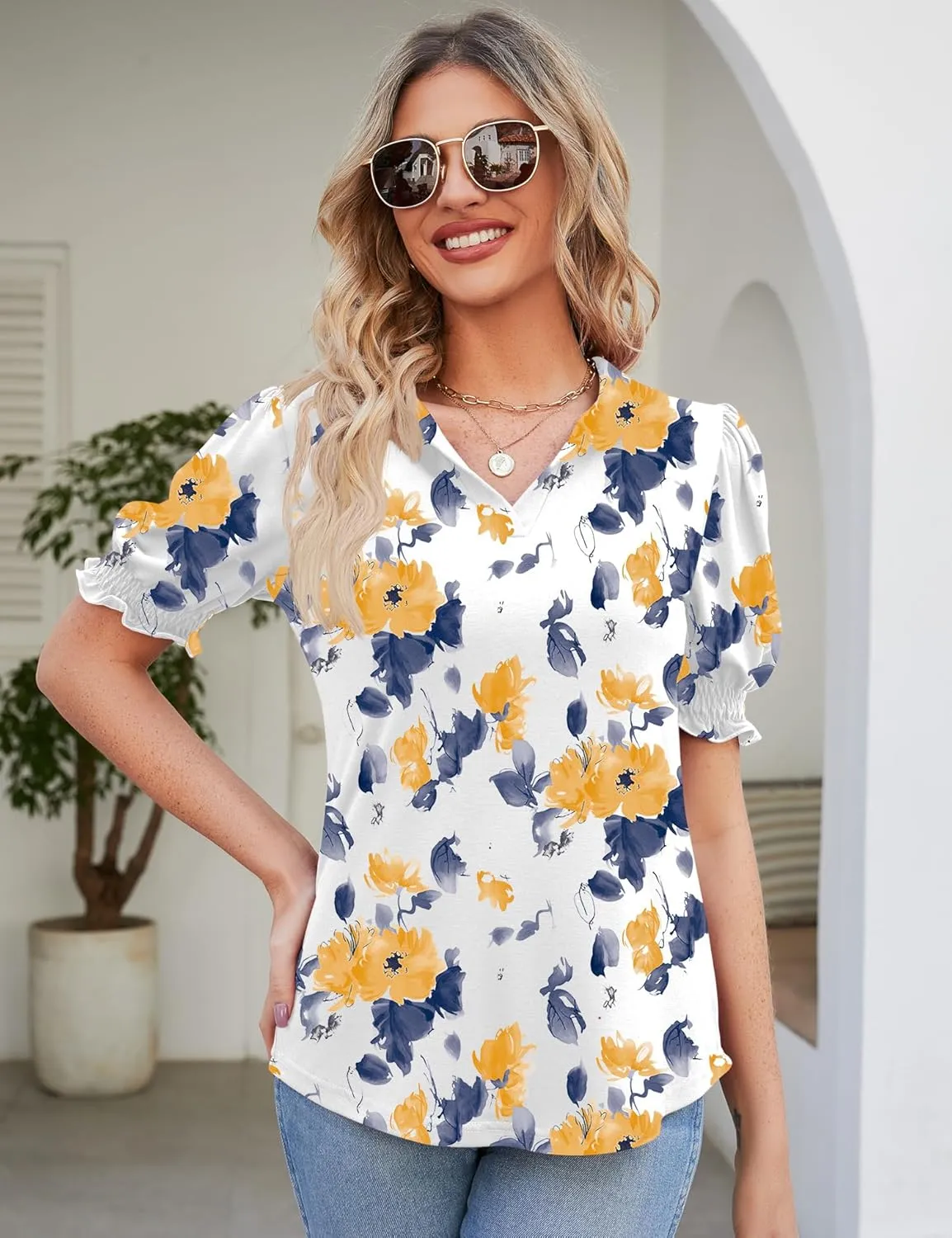Micoson Womens Short Sleeve Polo T Shirts V Neck Casual Collared Tops Puff Sleeve Work Tunic Blouses