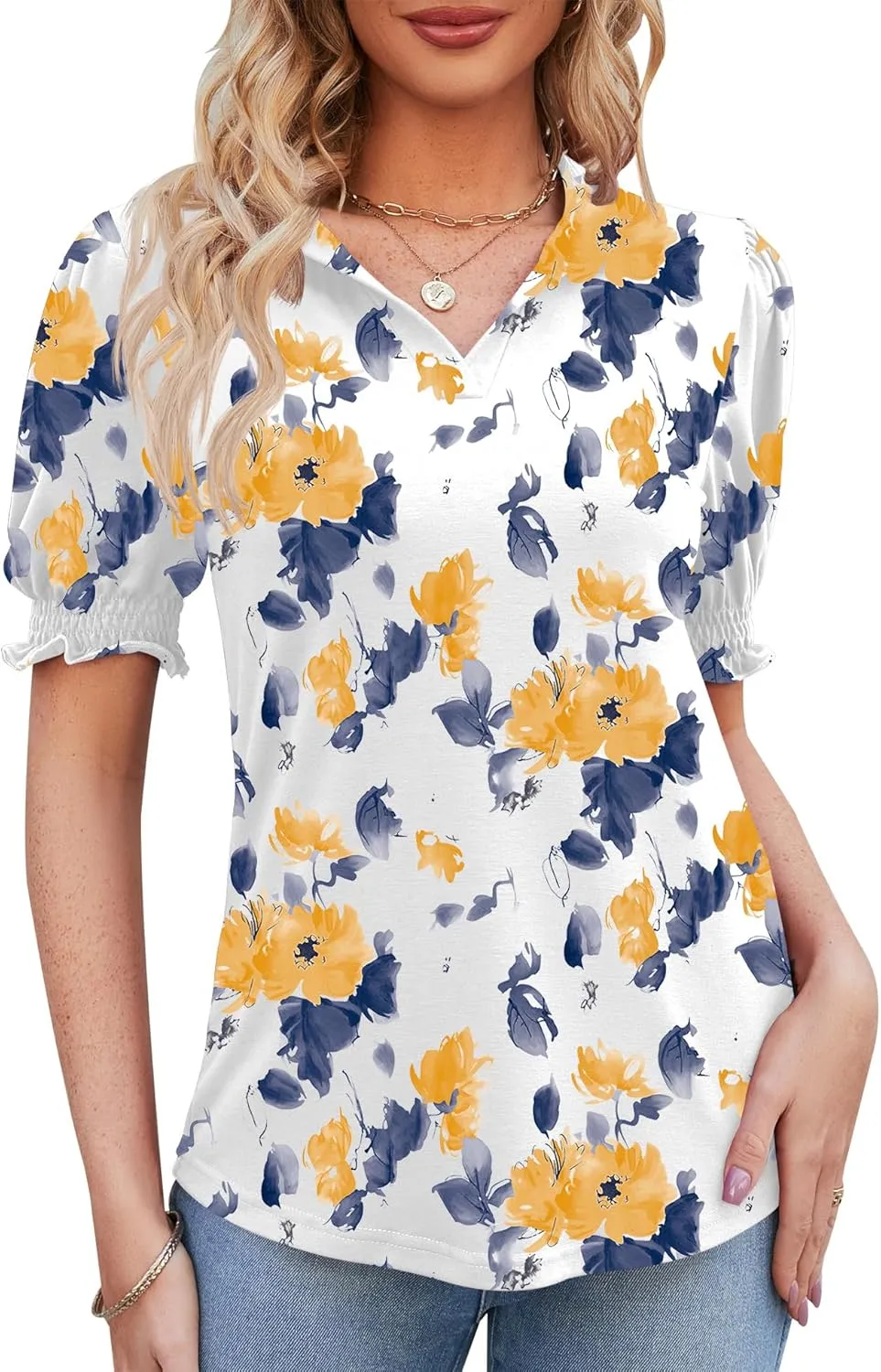 Micoson Womens Short Sleeve Polo T Shirts V Neck Casual Collared Tops Puff Sleeve Work Tunic Blouses