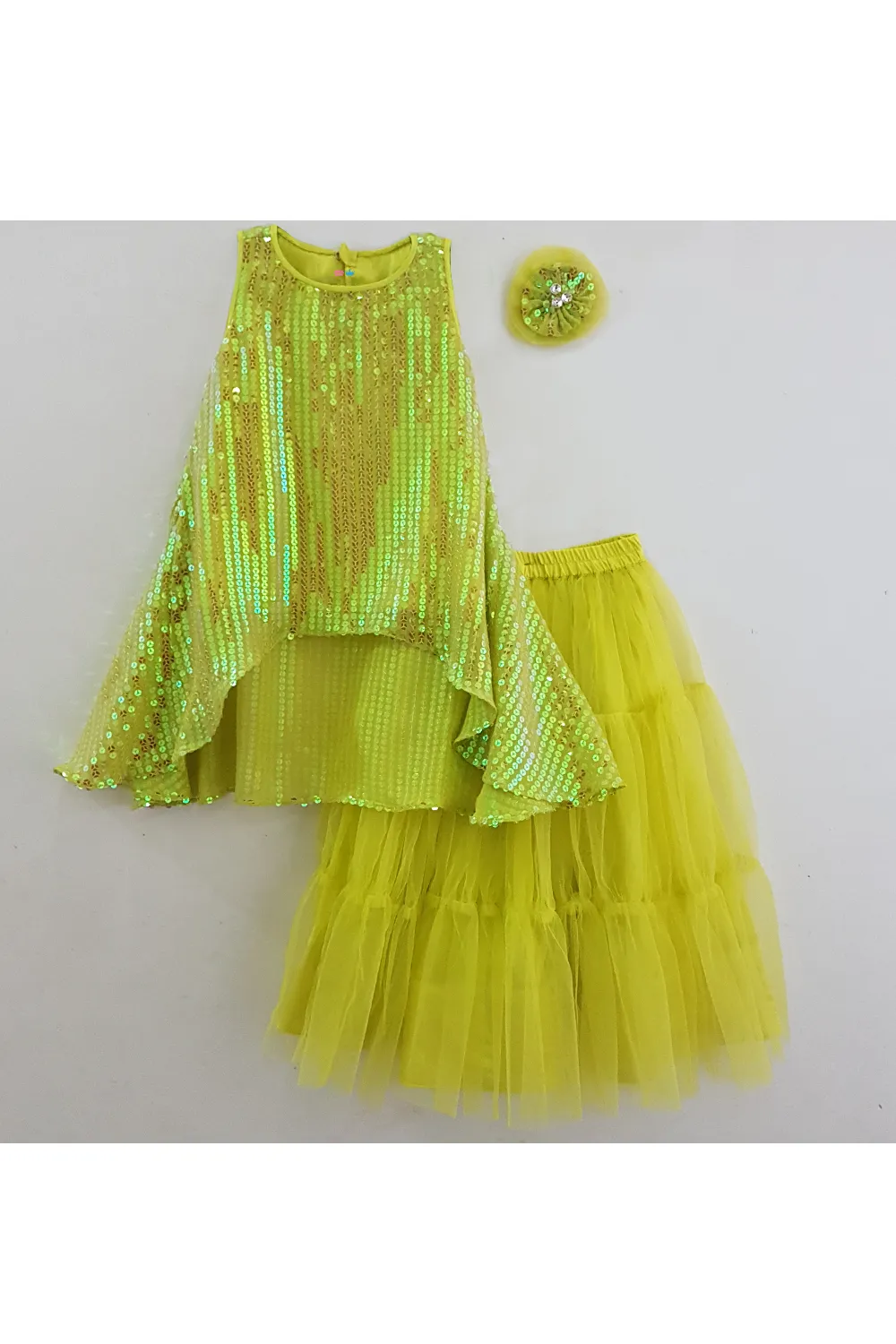 Mint green sequined top with tiered lehenga set