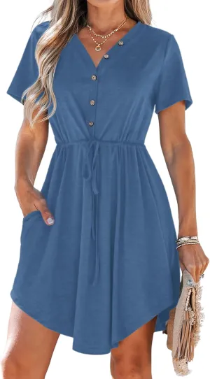 MISFAY Women Summer Dress Casual V Neck Short Sleeve Drawstring 2025 Mini Dresses with Pocket