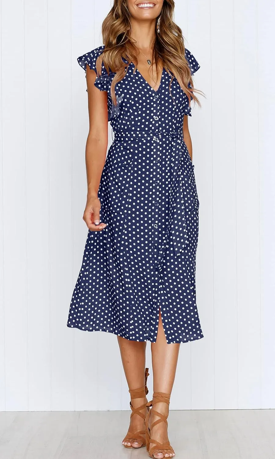MITILLY Women's Boho Polka Dot Flutter Short Sleeve V Neck Button Down Swing Midi Dress with Pockets