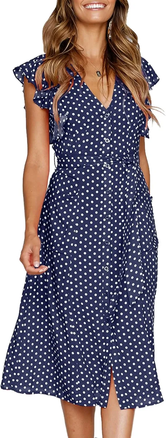MITILLY Women's Boho Polka Dot Flutter Short Sleeve V Neck Button Down Swing Midi Dress with Pockets