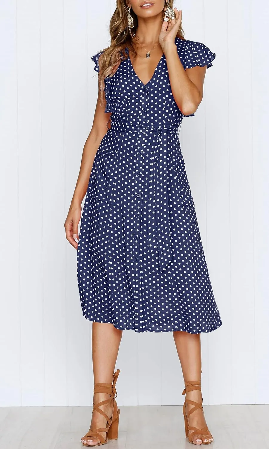 MITILLY Women's Boho Polka Dot Flutter Short Sleeve V Neck Button Down Swing Midi Dress with Pockets