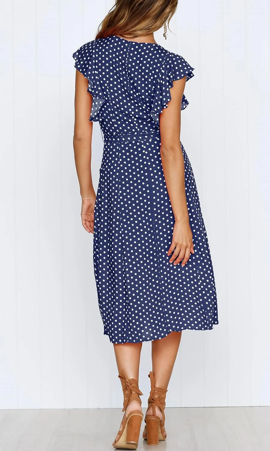 MITILLY Women's Boho Polka Dot Flutter Short Sleeve V Neck Button Down Swing Midi Dress with Pockets