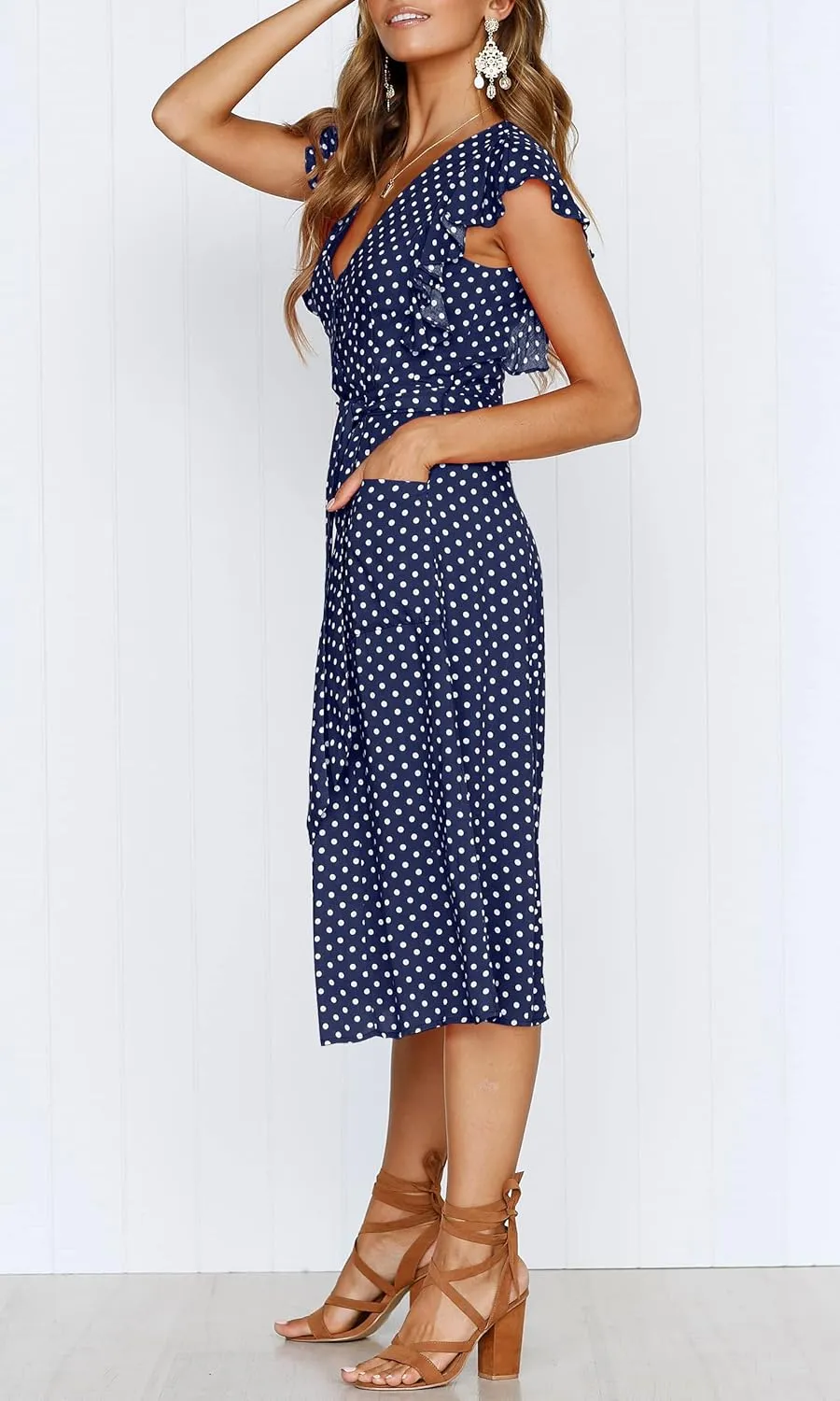 MITILLY Women's Boho Polka Dot Flutter Short Sleeve V Neck Button Down Swing Midi Dress with Pockets
