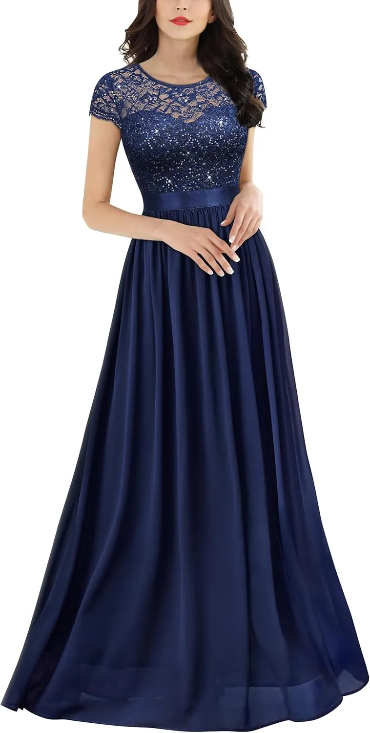 Miusol Women's Classy Scoop Neck Sequin Lace Contrast Bridesmaid Party Maxi Dress