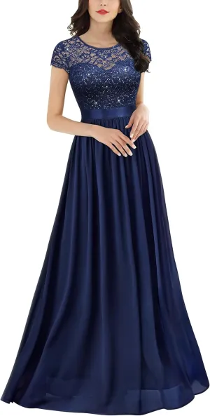Miusol Women's Classy Scoop Neck Sequin Lace Contrast Bridesmaid Party Maxi Dress