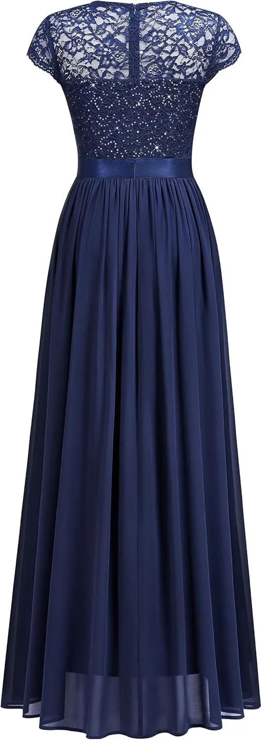 Miusol Women's Classy Scoop Neck Sequin Lace Contrast Bridesmaid Party Maxi Dress