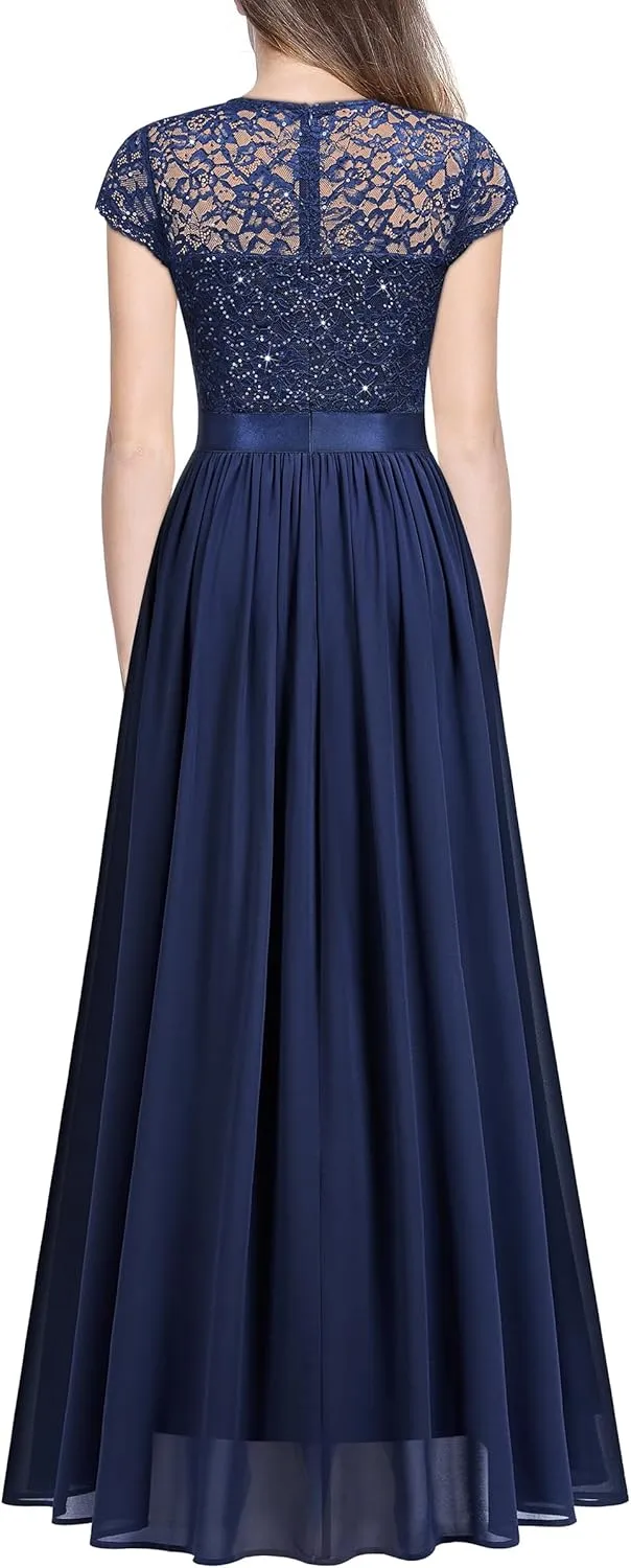 Miusol Women's Classy Scoop Neck Sequin Lace Contrast Bridesmaid Party Maxi Dress