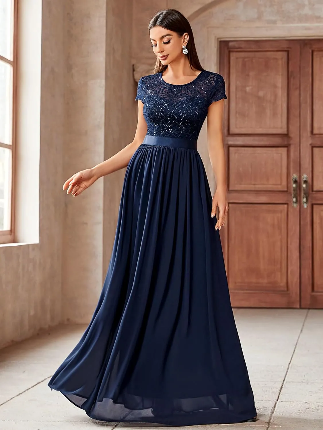 Miusol Women's Classy Scoop Neck Sequin Lace Contrast Bridesmaid Party Maxi Dress