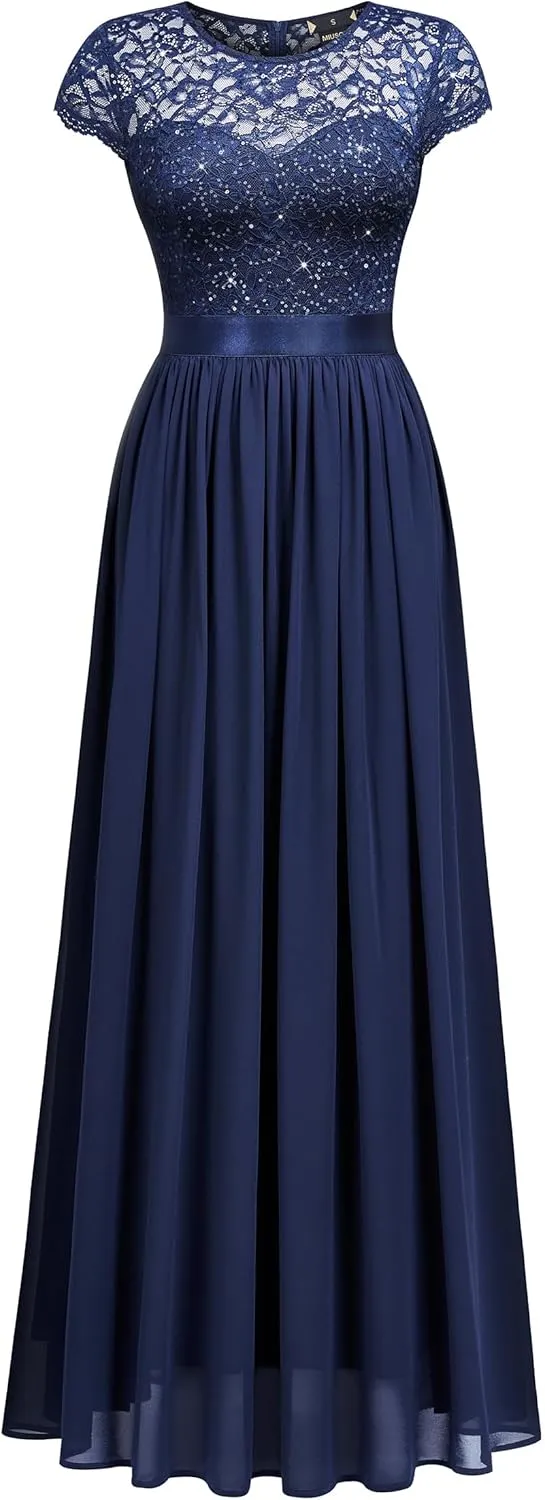Miusol Women's Classy Scoop Neck Sequin Lace Contrast Bridesmaid Party Maxi Dress