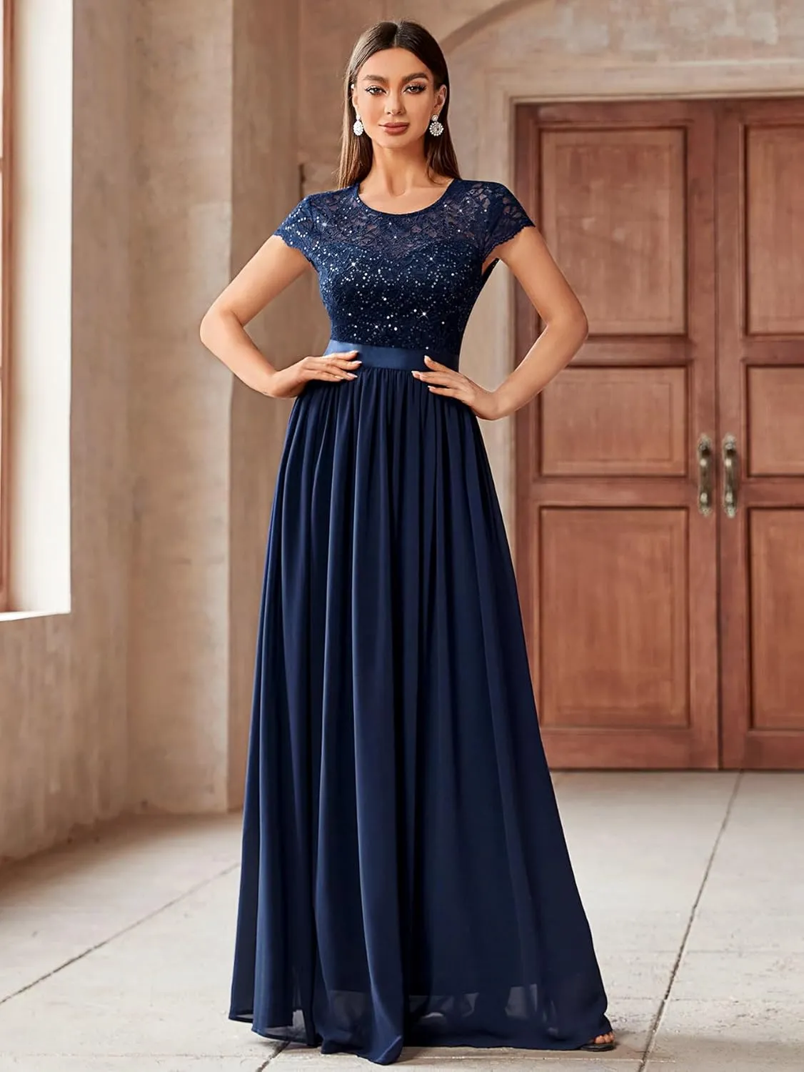 Miusol Women's Classy Scoop Neck Sequin Lace Contrast Bridesmaid Party Maxi Dress