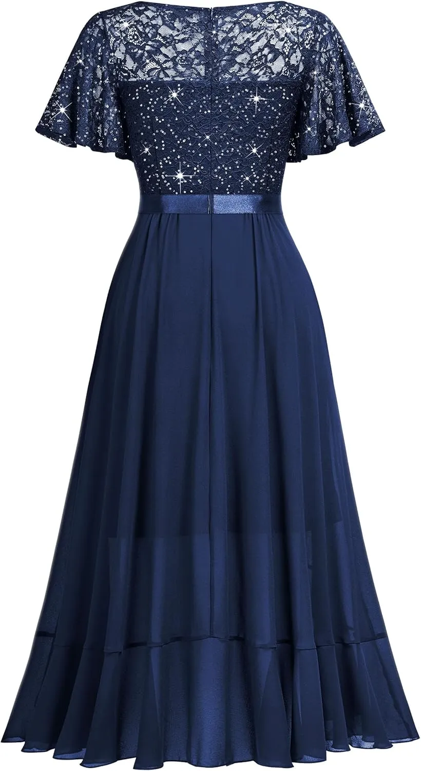 Miusol Women's Classy V-Neck Butterfly Sleeve Sequined Floral Lace Ruffle Split Bridesmaid Party Dress