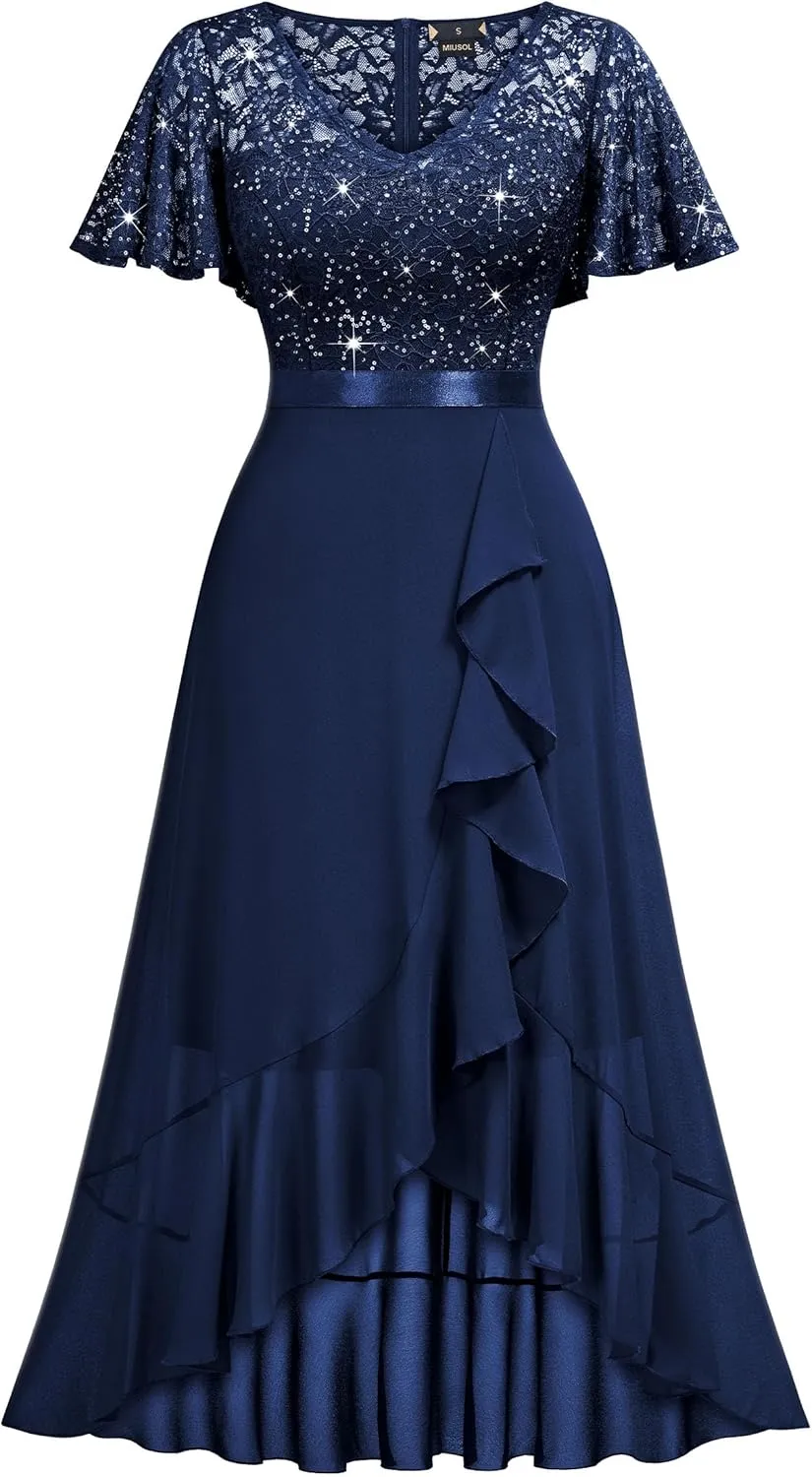 Miusol Women's Classy V-Neck Butterfly Sleeve Sequined Floral Lace Ruffle Split Bridesmaid Party Dress