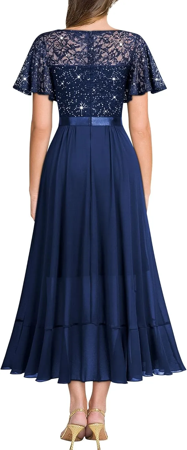 Miusol Women's Classy V-Neck Butterfly Sleeve Sequined Floral Lace Ruffle Split Bridesmaid Party Dress