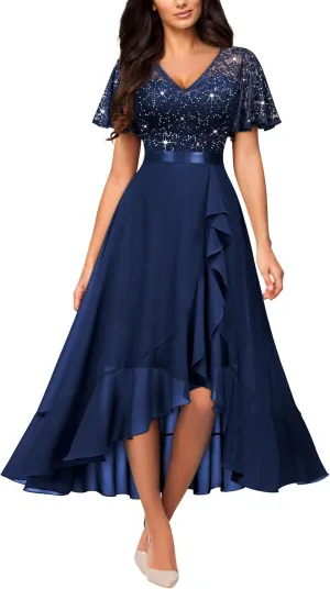 Miusol Women's Classy V-Neck Butterfly Sleeve Sequined Floral Lace Ruffle Split Bridesmaid Party Dress