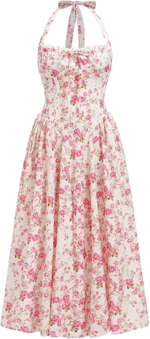 OBEEII Women Floral Corset Dress Halter Neck Low Cut Bustier Midi Dress Flowy Pleated Hem Summer Sundress with Pockets