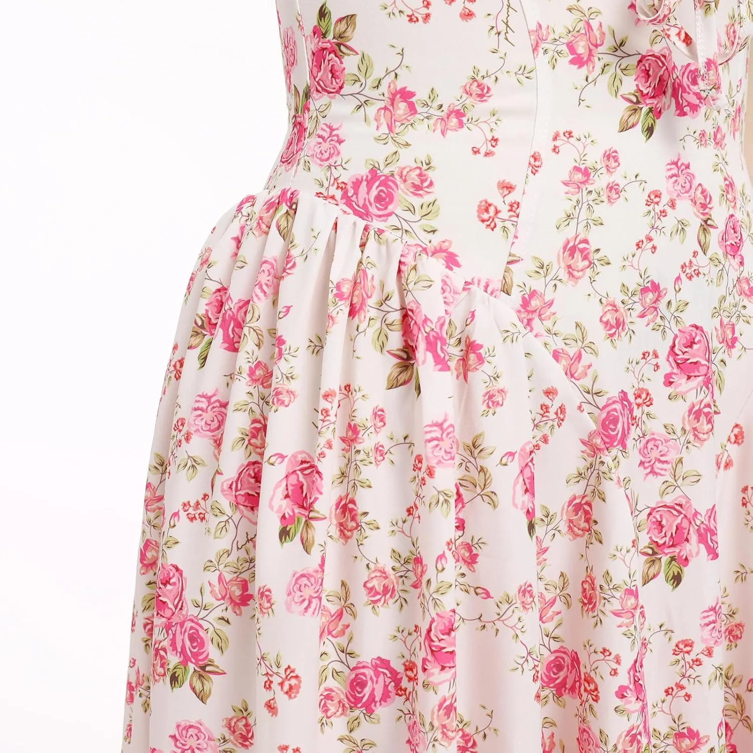 OBEEII Women Floral Corset Dress Halter Neck Low Cut Bustier Midi Dress Flowy Pleated Hem Summer Sundress with Pockets