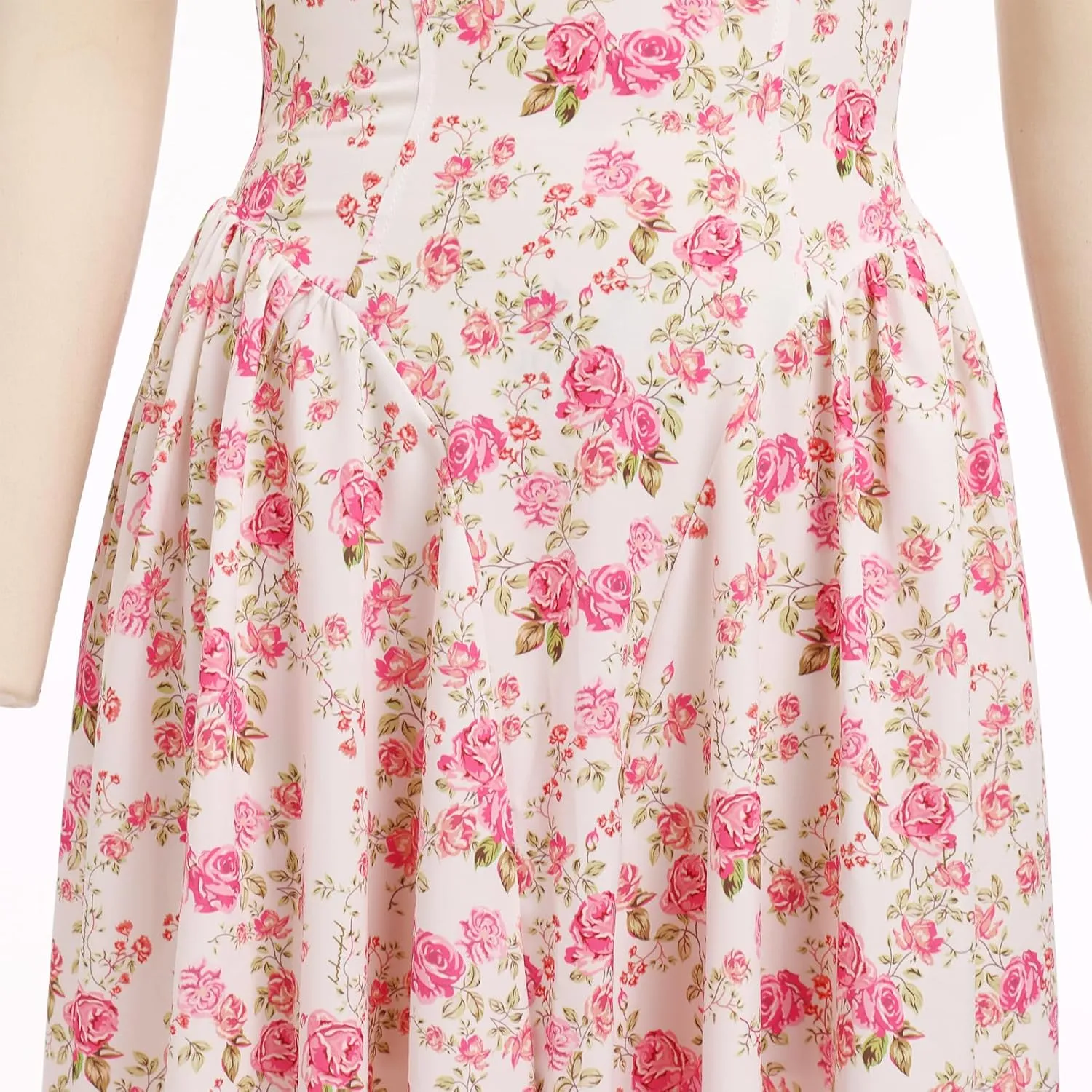 OBEEII Women Floral Corset Dress Halter Neck Low Cut Bustier Midi Dress Flowy Pleated Hem Summer Sundress with Pockets